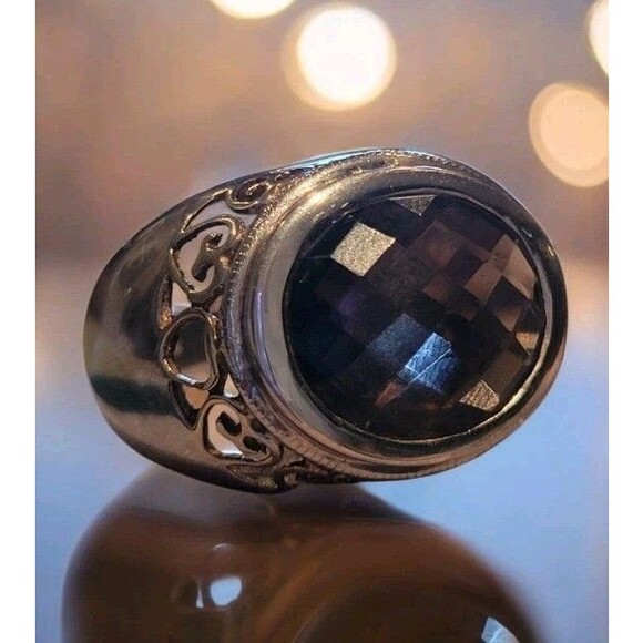 925 Sterling Silver 2-Tone Ring Large Faceted Smoky Topaz Gold Plated hearts 8 - Picture 2 of 14